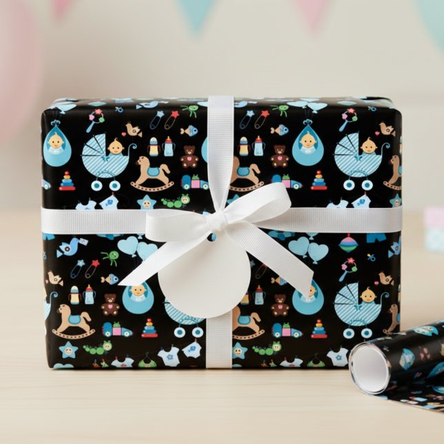 Papier à enveloppement bleu/noir baby shower (Baby Shower Wrapping Paper )