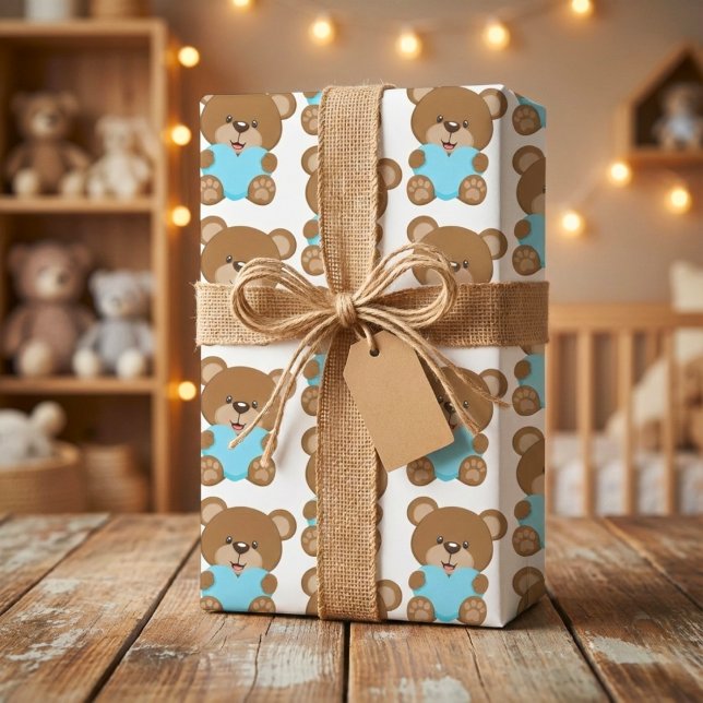 Papier à enveloppement de coeur bleu Teddy Bear (Teddy Bear Blue Heart Wrapping Paper Sheet )