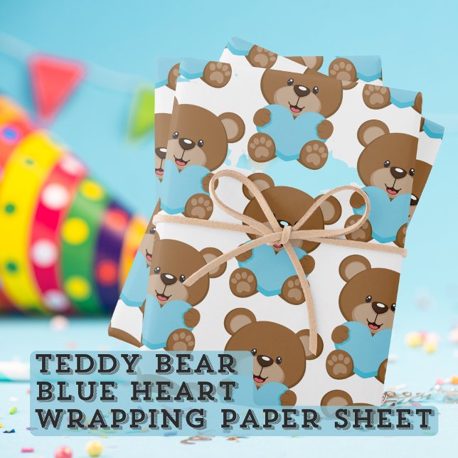 Papier à enveloppement de coeur bleu Teddy Bear (Teddy Bear Blue Heart Wrapping Paper Sheet Birthday Depot Party Supplies)