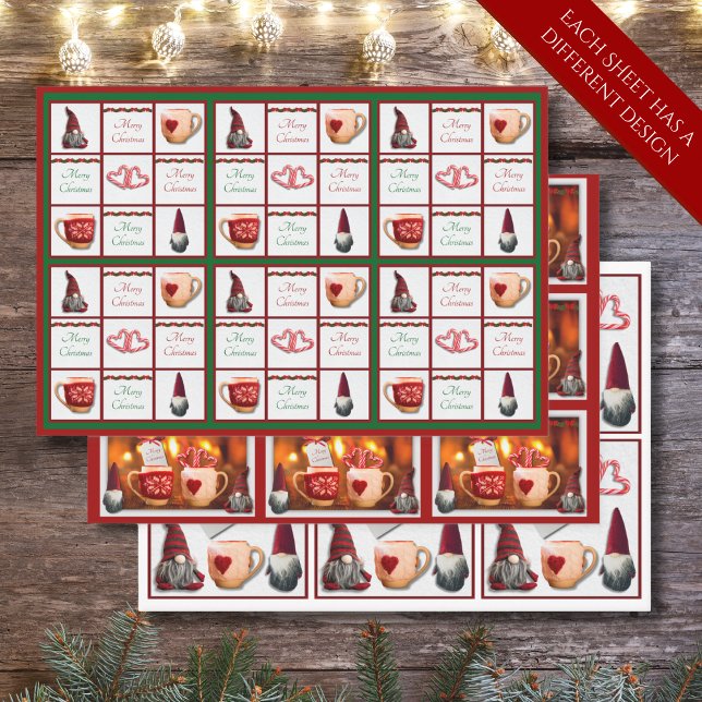 Papier à enveloppement de Noël Whimsical Gnome Set (Whimsical Red Christmas Gnome Wrapping Paper Set of 3)