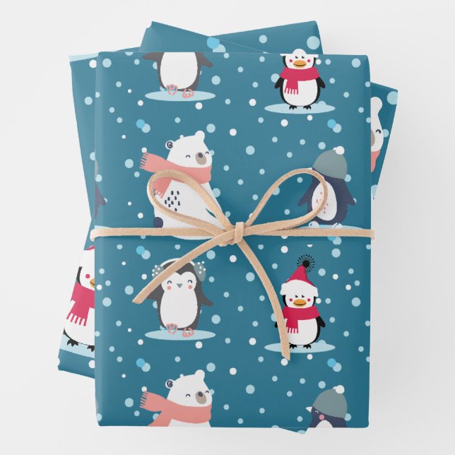 Papier à enveloppement de pingouin cadeau de Noël  (En situation)