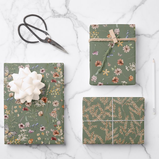 Papier à enveloppement floral vert Sage (Elegant Sage Green Floral Wrapping Paper by Painted Paperie
)