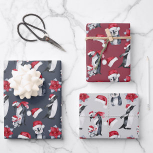 Papier à envelopper de pingouins de vacances rouge