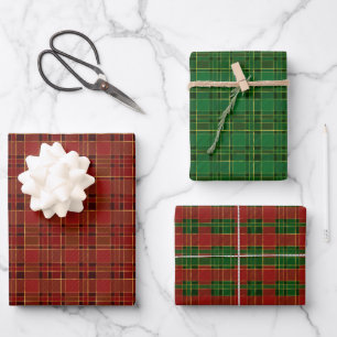 Papier à envelopper rouge vert Noël Plaid Set de 3