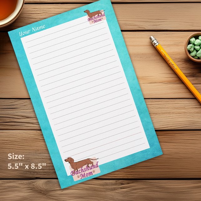 Papier à Lettre Ligné sur Fond Sarcelle avec Chien (Dachshund Your Name Mom Teal Edge Lined Stationery which can be Personalized)