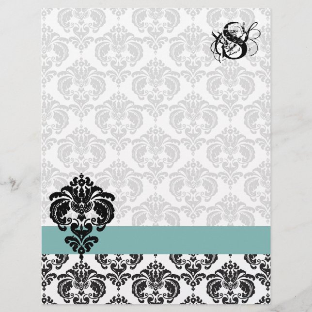 Papier à Lettre Monogramme Damassé Aqua Vintage (Devant)
