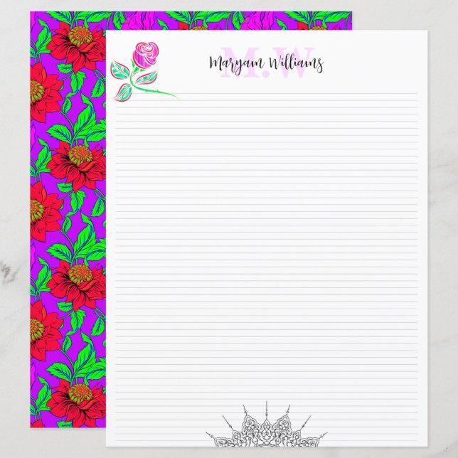 Papier à lettres à monogramme floral mignon vierge (Devant / Derrière)