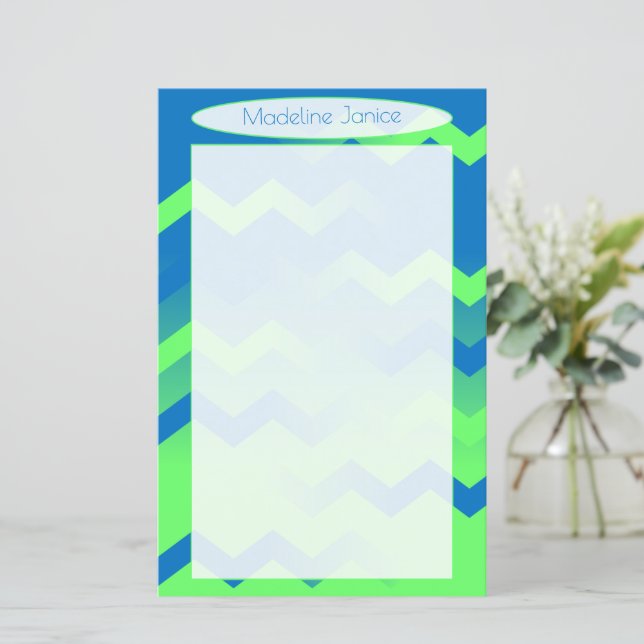 Papier à lettres bleu et vert Chevron pour écritur (Debout devant)