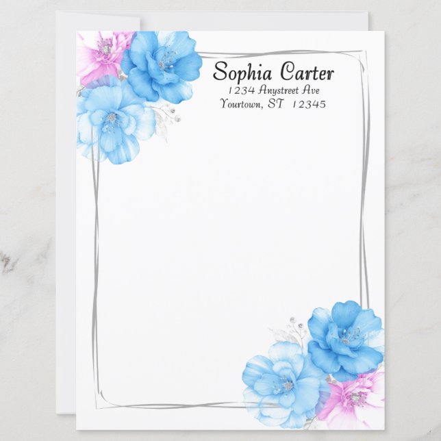 Papier à lettres chic floral bleu et rose (Devant)