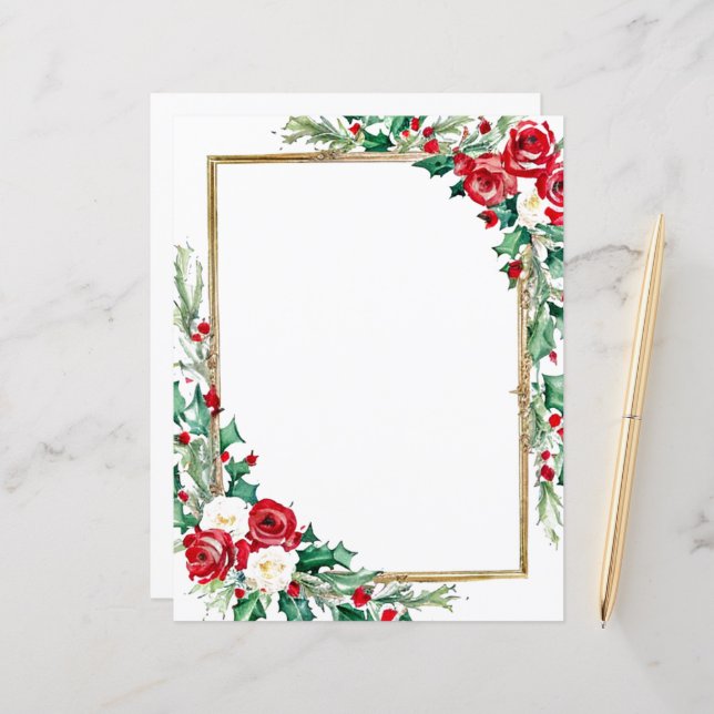 Papier à lettres de Noël Holly et rose (Devant/Arrière en situation)