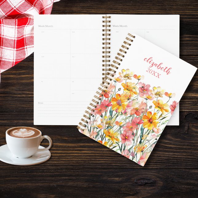 Papier à lettres Monogramme Fleurs sauvages rose j (Monogrammed name initials pink and yellow wildflowers floral yearly planner)
