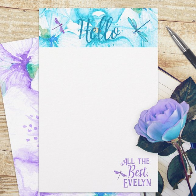 Papier à lettres personnel Turquoise, Purple Drago (turquoise aquamarine purple dragonflies floral budget personalized letter writing stationary paper )