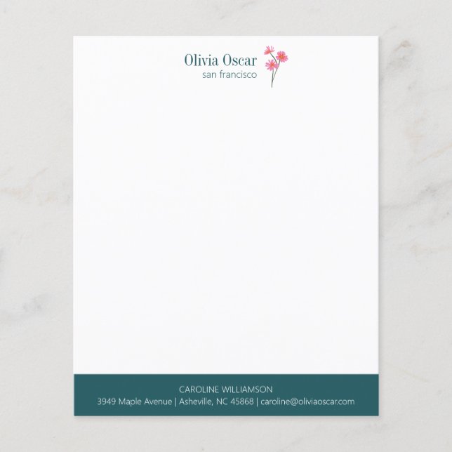 Papier à lettres Turquoise rose simple personnalis (Devant)
