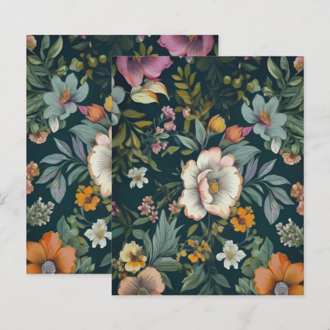 Papier à motif floral Vintage foncé stationnaire (Devant / Derrière)