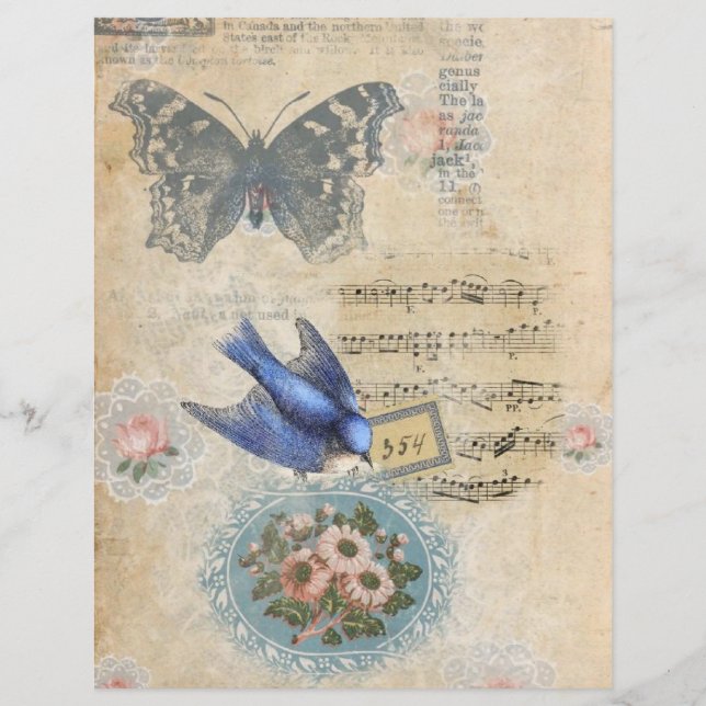 Papier à rebut à collage d'oiseaux et papillons fl (Devant)
