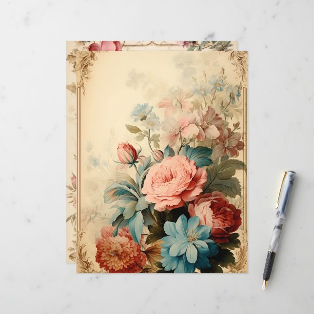 Papier à rebut vintage à cadres floraux (Devant/Arrière en situation)