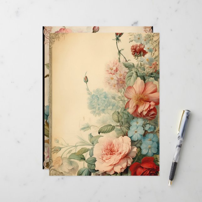 Papier à rebut vintage à cadres floraux (Devant/Arrière en situation)