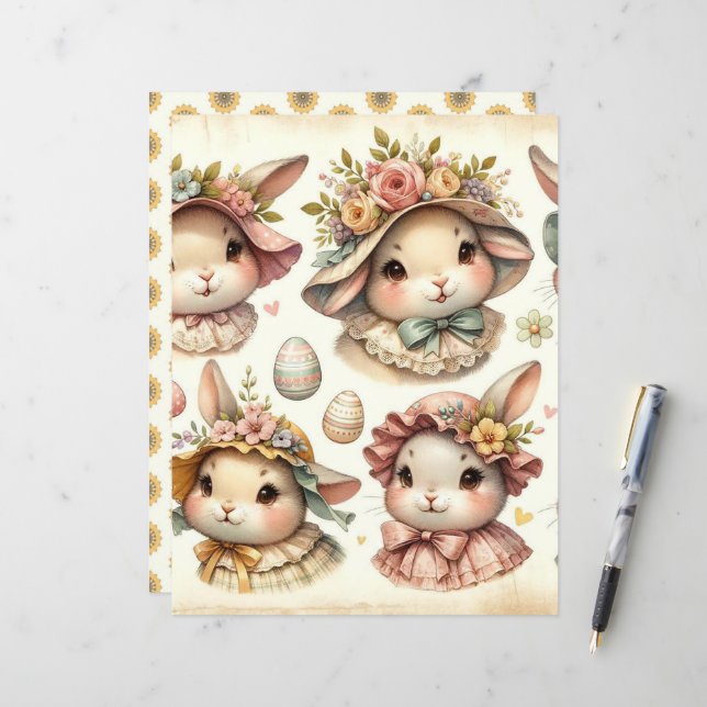 Papier à scandale vintage Aquarelle de Pâques Bunn (Devant/Arrière en situation)