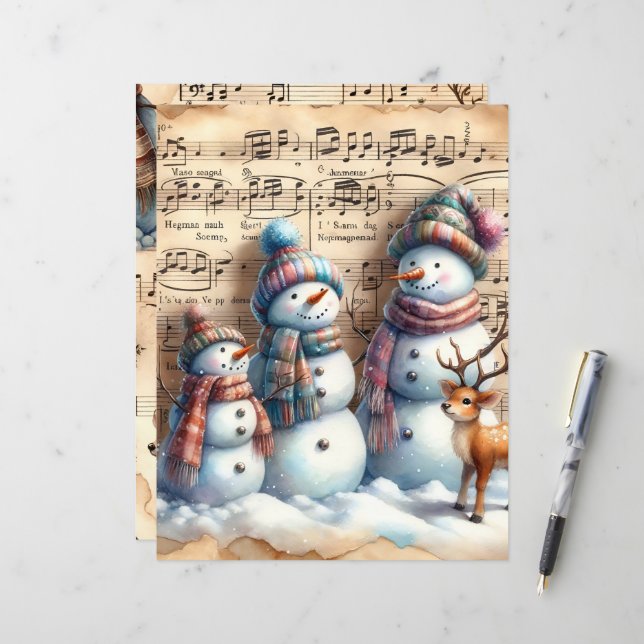 Papier à scandale vintage Watercolor Snowmen (Devant/Arrière en situation)