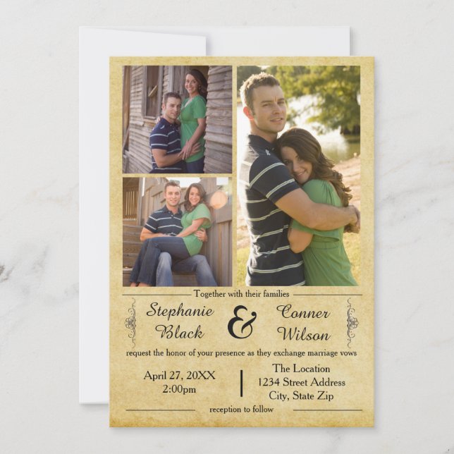Papier antique 3 Photos - Faire-part de mariage (Devant)