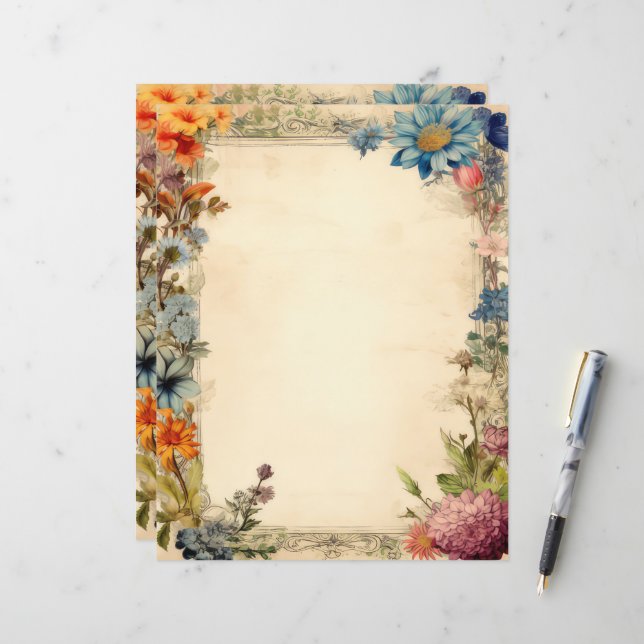 Papier Antique Journal de Bord Floral Shabby Chic (Devant/Arrière en situation)