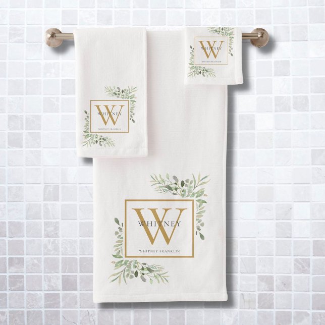 Papier aquarelle Monogramme doré Nom (Watercolor Greenery Gold Monogram Name Bath Towel Set)