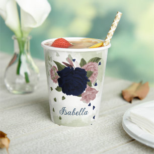 Papier belles fleurs roses et bleues marine gobelets en p