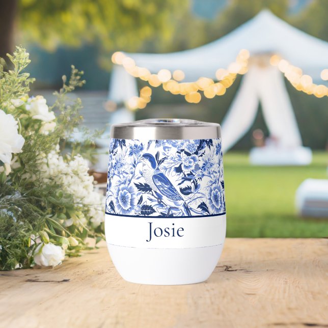 Papier bleu à motif oiseau bleu et monogramme  (Mariage (pivoté))