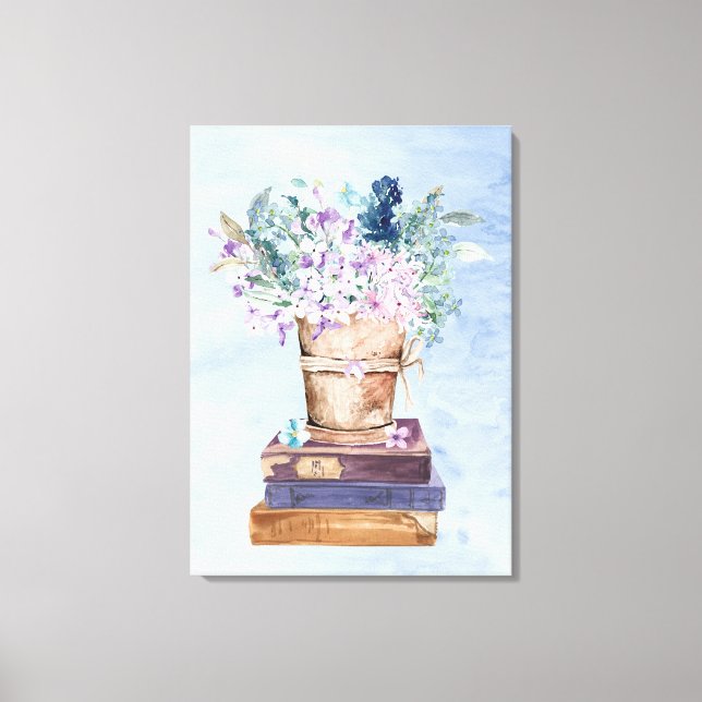 Papier bleu violet Livres et Fleurs Toile Mur Art (Recto)