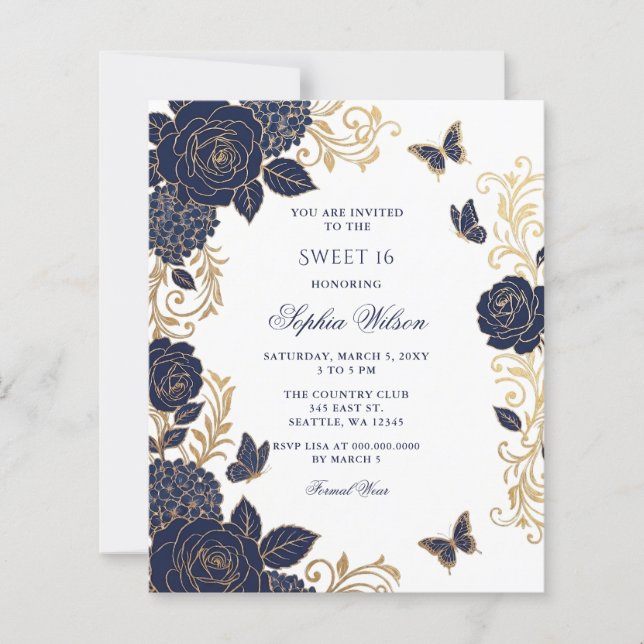 Papier Budget Fleurs Papillon Or Navy Sweet 16 (Devant)