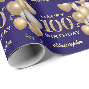 Papier Cadeau 100e anniversaire Marine Bleu et Parties scintilla