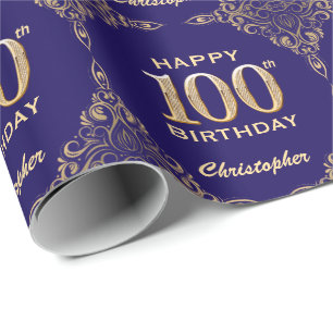 Papier Cadeau 100e anniversaire Marine Blue and Gold Parties sci