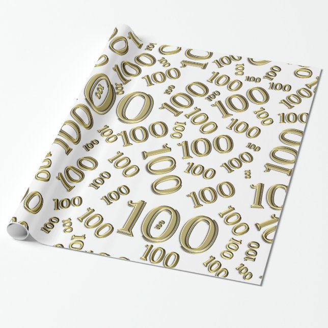 Papier Cadeau 100e Motif de nombre aléatoire Gold/Blanc Grand (Déroulé)