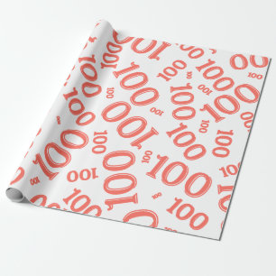 Papier Cadeau 100e Motif du nombre aléatoire corail/blanc grand