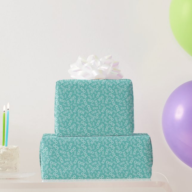 Papier Cadeau 100e Turquoise/blanc Motif de nombre aléatoire pet (Cadeaux de fête)