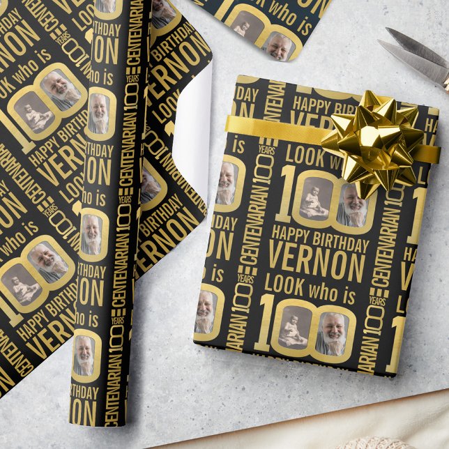 Papier Cadeau 100th birthday black gold custom photos name (Créateur téléchargé)