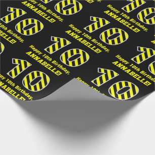 Papier Cadeau "10" rayé noir et jaune ; 10ème Anniversaire + N