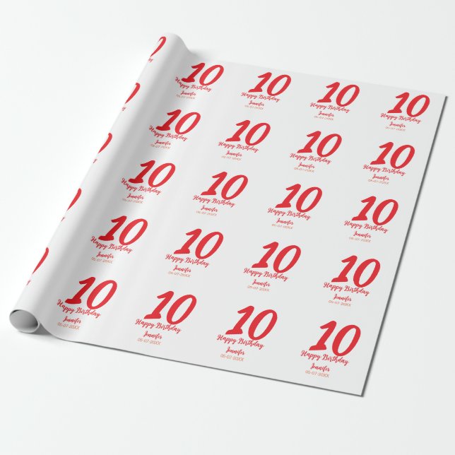 Papier Cadeau 10e anniversaire ajouter nom date année rouge modè (Déroulé)