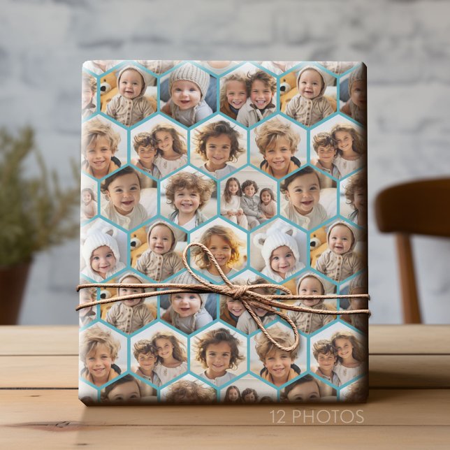 Papier Cadeau 12 Photo Collage - Hexagon honeycomb motif (Custom Photo Collage Wrapping Paper - All Occasion)