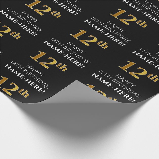 Papier Cadeau 12e anniversaire : Elégant, Noir, Faux Gold Look (Coin)