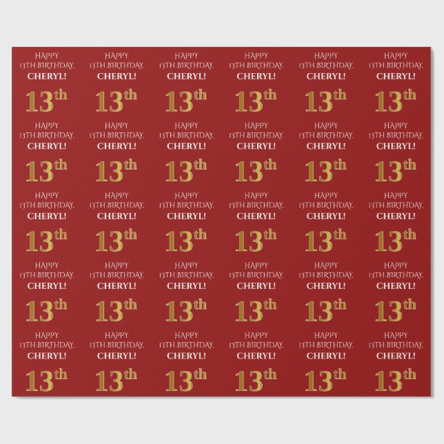Papier Cadeau 13e anniversaire : Elégant, Rouge, Faux Gold Look (Plat)