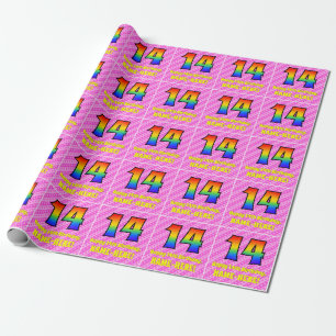 Papier Cadeau 14e anniversaire : Pink Stripes & Hearts, Rainbow 