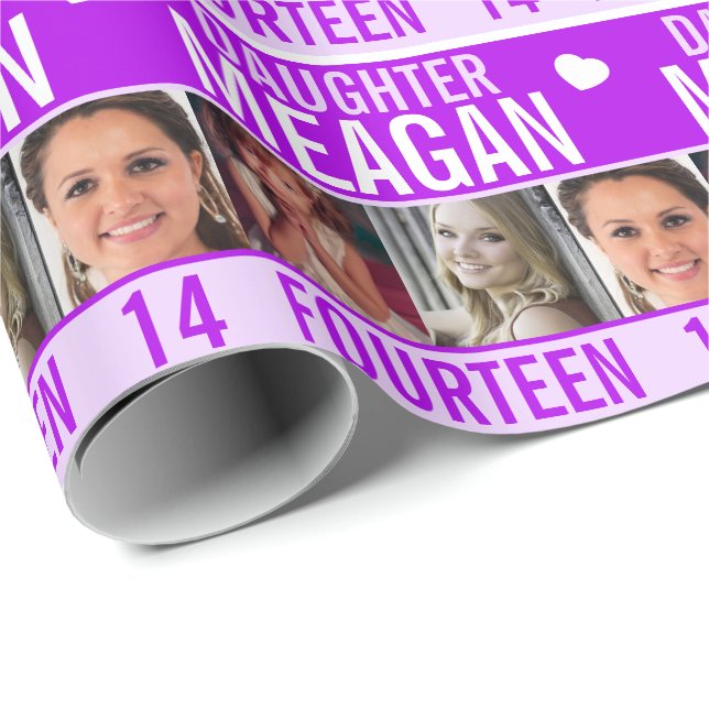 Papier Cadeau 14ème anniversaire trois photos fille violette (Coin rond)