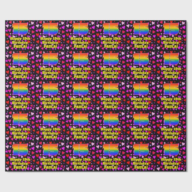 Papier Cadeau 15e anniversaire : Amour Hearts Motif, Arc-en-ciel (Plat)