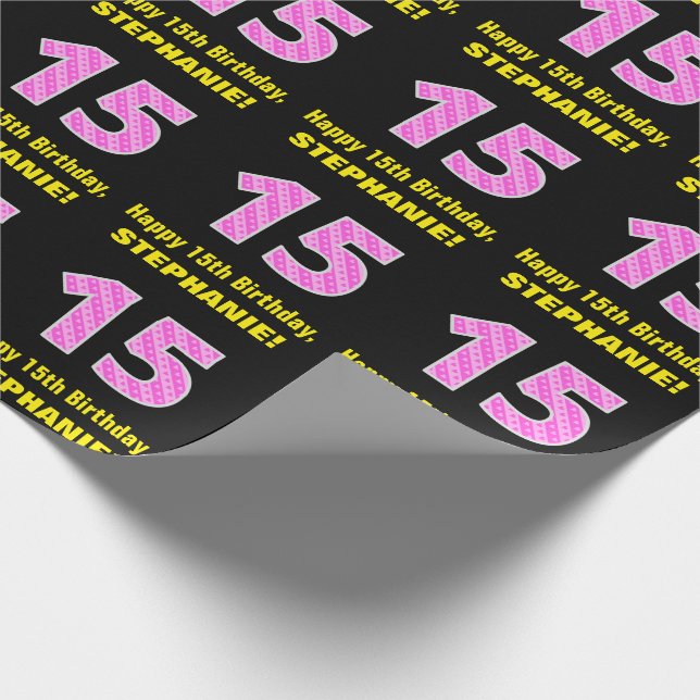 Papier Cadeau 15e anniversaire : Pink Stripes and Hearts "15" +  (Coin)