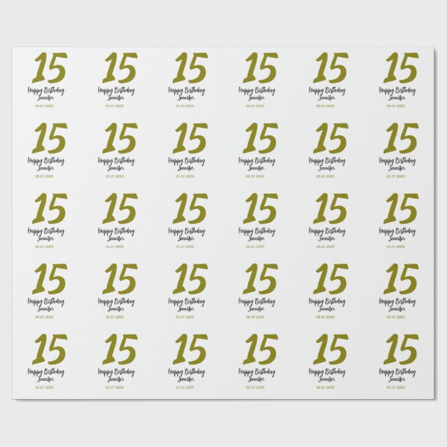 Papier Cadeau 15e anniversaire quiencenera ajouter date année or (Plat)