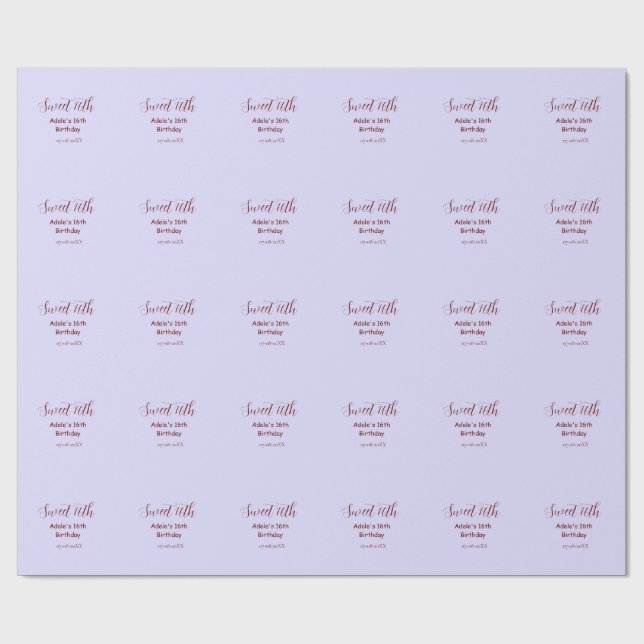 Papier Cadeau 16e anniversaire doux nom mauve pastel rétro (Plat)