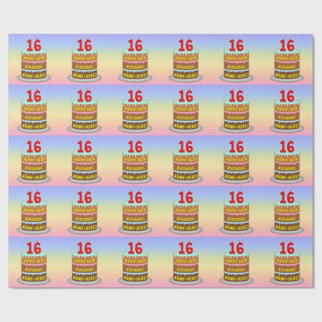 Papier Cadeau 16e anniversaire : Fun Cake and Candles + Nom pers (Plat)