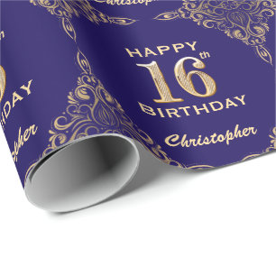 Papier Cadeau 16e anniversaire Marine Bleu et Parties scintillan