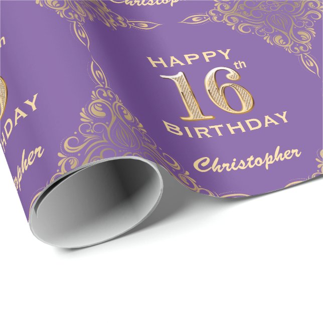 Papier Cadeau 16e anniversaire Parties scintillant violet et or  (Coin rond)